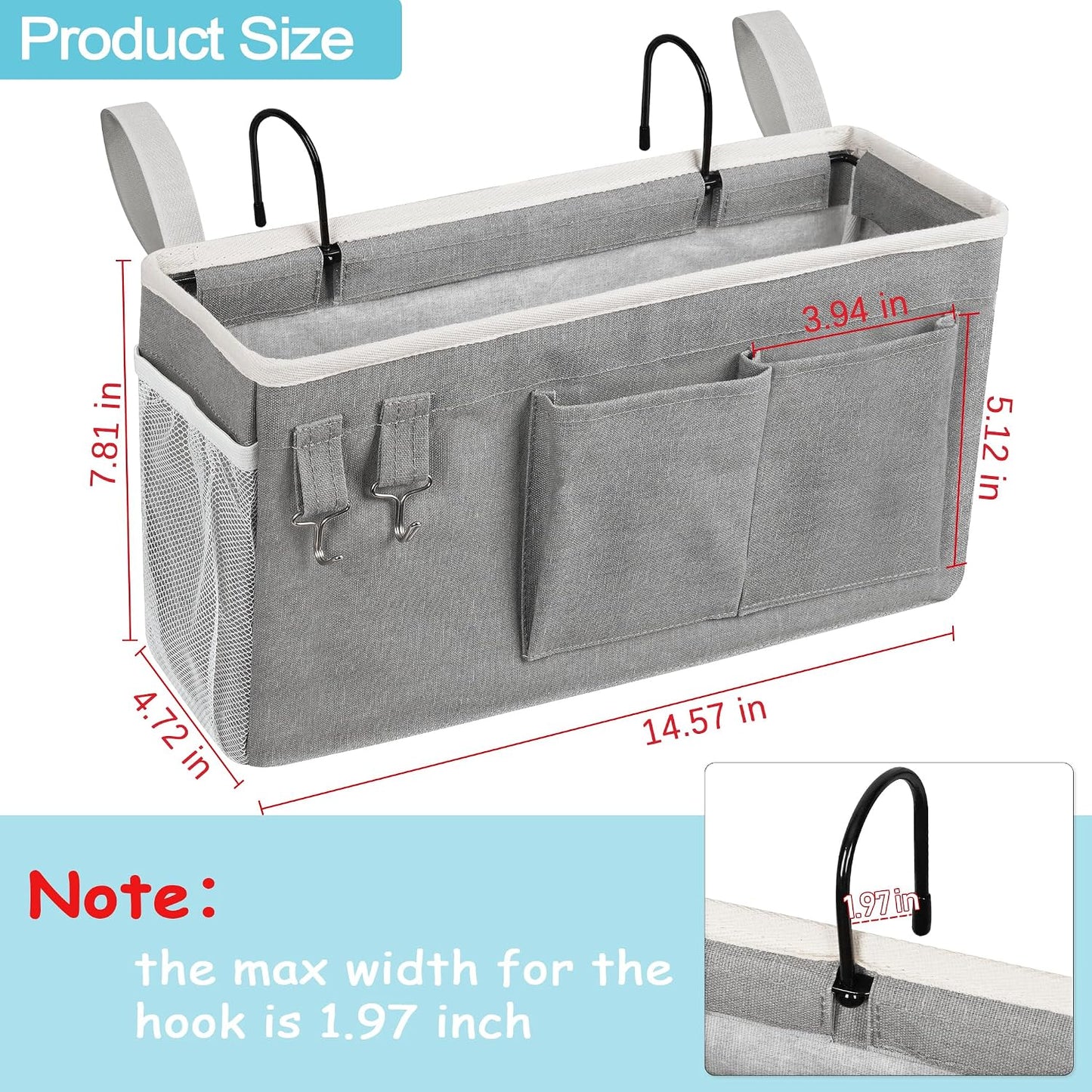 Bedside Caddy, Bedside Storage Bag Hanging Organizer for Bunk Dorm Bed Rail | Bed Caddy with Hooks, Top Bunks and Dorm Essentials for Water, Tissues, Tablets, Books, Phones, Remotes and Other Necessories