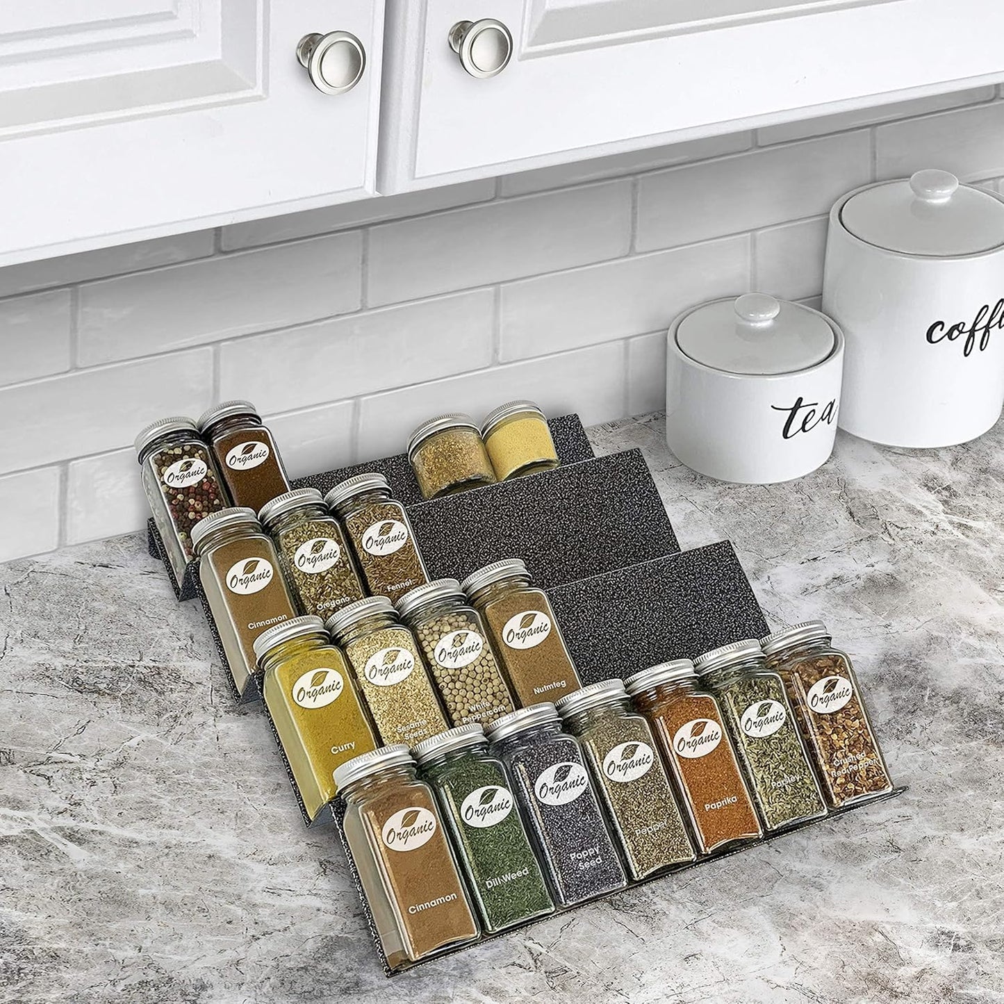 LYNK PROFESSIONAL® Spice Drawer Organizer - Heavy Gauge Steel 4 Tier Rack - Drawer Insert Tray for Jars, Herbs and Seasoning - Kitchen Cabinet Storage - Silver Metallic, Large