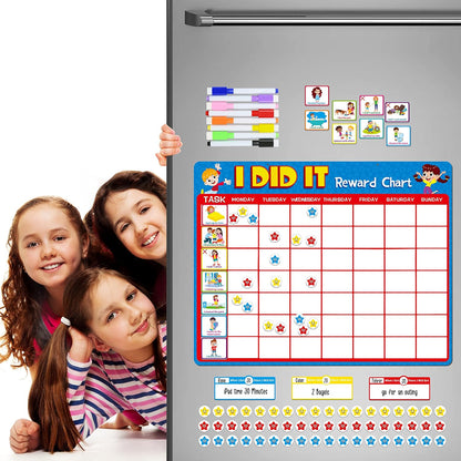 Magnetic Reward Chart, Dry Erase Kids Behavior Responsibility Task Board-84 Chores (Including 7 Blanks), 272 Magnetic Stars, 8 Markers & 3 Name Cards-Good Behavior Daily Routine to Motivate Kids