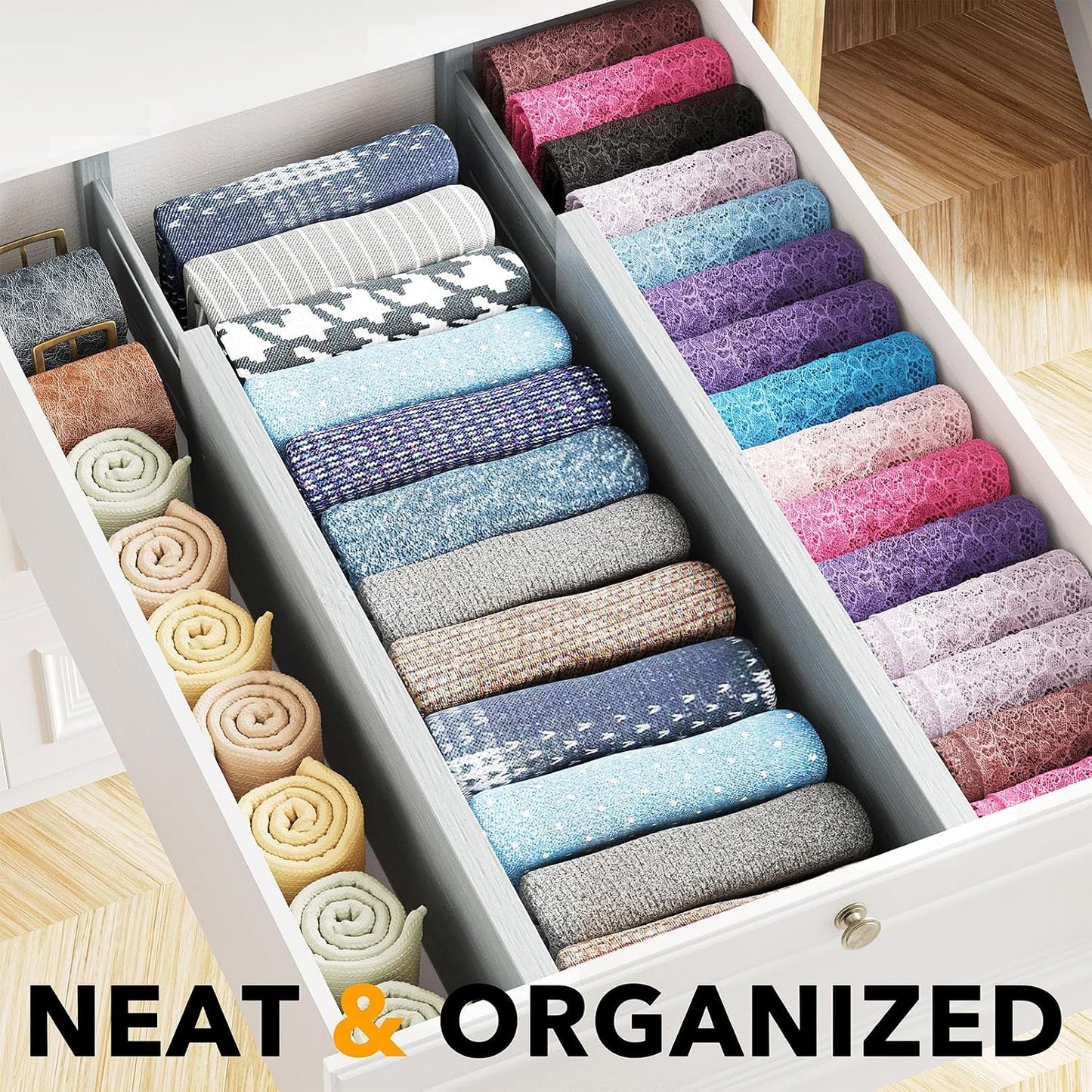 SpaceAid Bamboo 4 Pack Dresser Drawer Dividers, 4.65“ High Adjustable 12.5“-17” Drawer Organizers, Expandable Organization for Clothing, Clothes, Dressers, Black