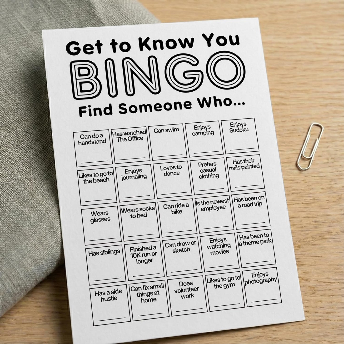 Find Someone Who Bingo Cards, 25 Unique Randomized 5x7 Sheets, Get to Know You Bingo Game for Adults, Ice Breaker Office Party Games, Team Building Games for Work, High Replay Value - A05