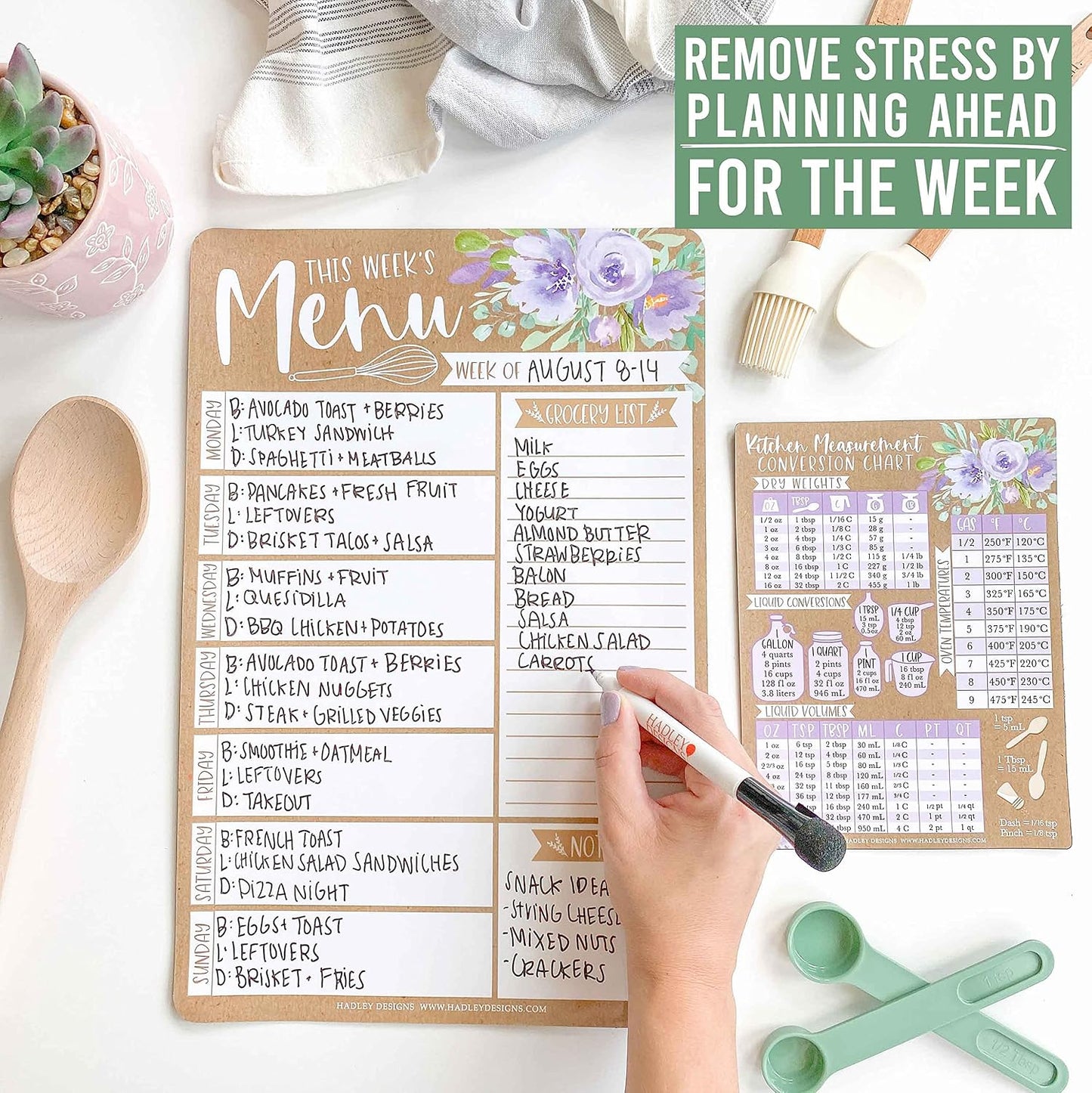Hadley Designs Weekly Meal Planner for Fridge - Dinner Menu Board for Kitchen, Kraft Weekly Menu Board Dry Erase, Dry Erase Meal Planner for Fridge, Grocery List for Fridges with Conversion Chart