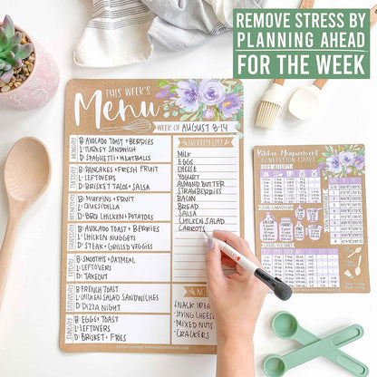 Hadley Designs Weekly Meal Planner for Fridge - Dinner Menu Board for Kitchen, Kraft Weekly Menu Board Dry Erase, Dry Erase Meal Planner for Fridge, Grocery List for Fridges with Conversion Chart
