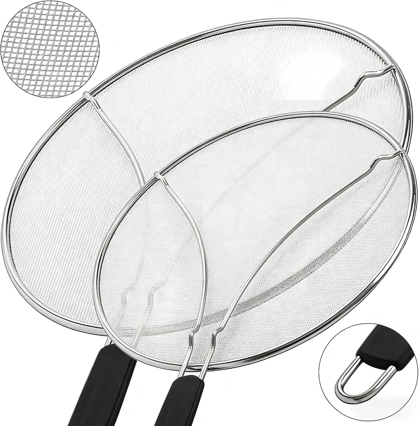 Stainless Steel Splatter Guard Fine Mesh For Pots Frying Pans(15in) | Rust-proof metal mesh blocks oil splashes while venting steam, heat-insulated grip, dishwasher safe, hangable flat storage