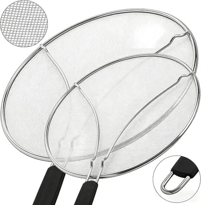Stainless Steel Splatter Guard Fine Mesh For Pots Frying Pans(15in) | Rust-proof metal mesh blocks oil splashes while venting steam, heat-insulated grip, dishwasher safe, hangable flat storage