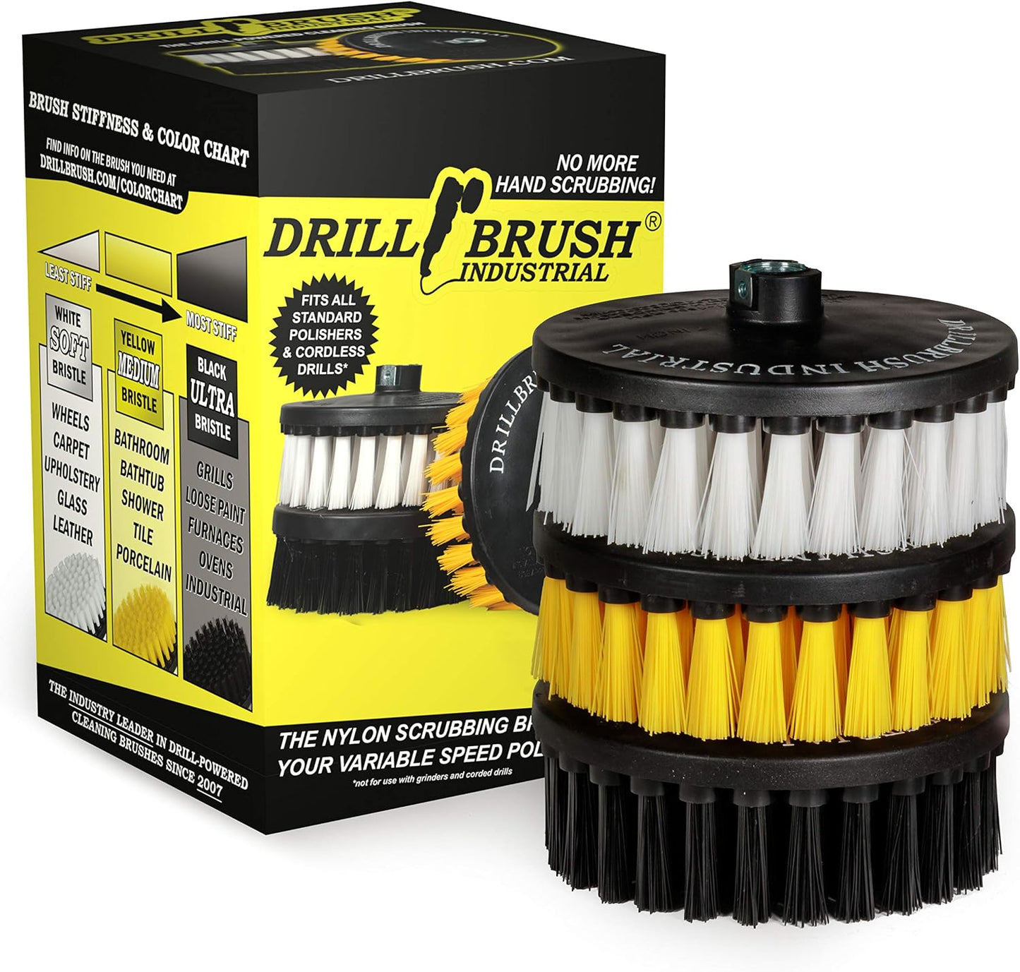 7in Boat Brush Variable Speed Polisher Attachment - Medium Yellow Bristles | Bathroom Accessories - Cleaning Supplies - Deck Scrub Brush - 5/8 x 11 Threaded Hub - Tile - Shower Cleaner - Flooring