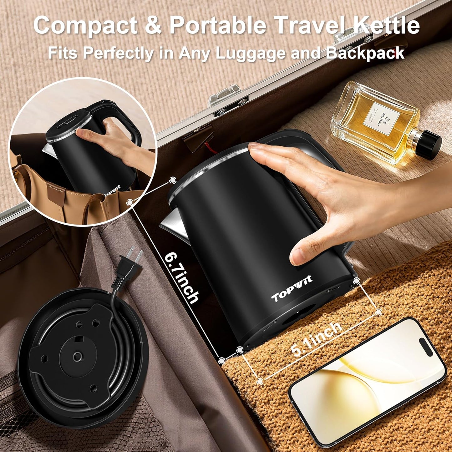 TOPWIT 0.8L Small Electric Kettle, Portable Travel Kettle, Stainless Steel | 800W Fast Boiling, Auto Shut-Off & Boil-Dry Protection, Tea Kettle for Home, Office, Business Trip, Hotel, Dorm