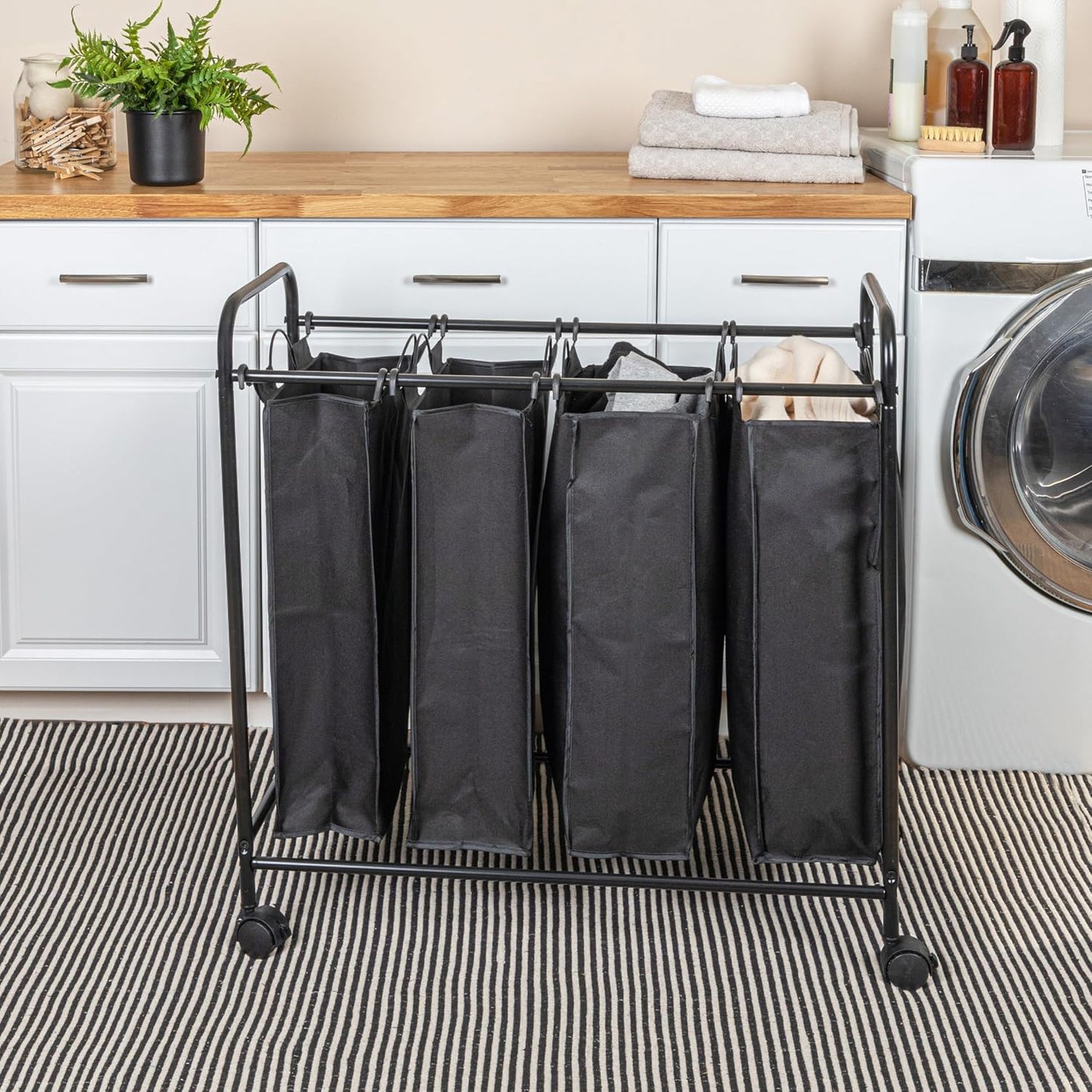 Household Essentials 7173 Rolling Quad Laundry Sorter with Removable Hamper Bags | Antique Bronze Frame