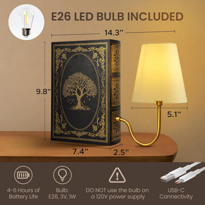AELS Solid Wood Bookshelf Lamp with Bulb, Cordless Rechargeable Touch Dimmable Table Lamp with Linen Fabric Shade, Modern Decorative Bookend Lamp for Bedroom, Office & Bookshelf Decor, Dark Brown