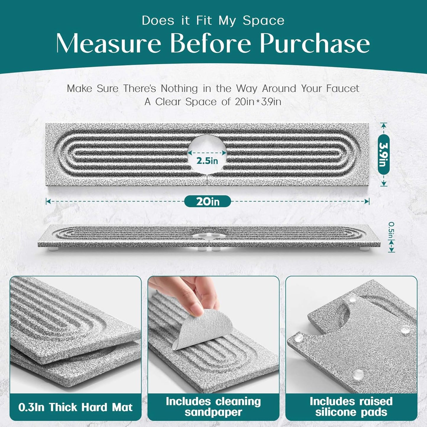 Stone Faucet Mat for Kitchen Sink – Diatomite Drying Stone Mat & Sink Protector, Prevents Moisture – Sink Splash Guard Water-Absorbing Stone Tray for Bathroom Counter (Light Grey, 20" x 3.9")
