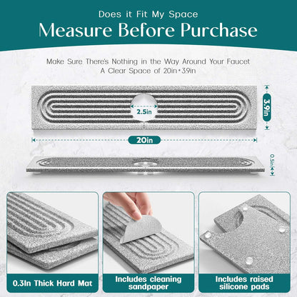 Stone Faucet Mat for Kitchen Sink – Diatomite Drying Stone Mat & Sink Protector, Prevents Moisture – Sink Splash Guard Water-Absorbing Stone Tray for Bathroom Counter (Light Grey, 20" x 3.9")