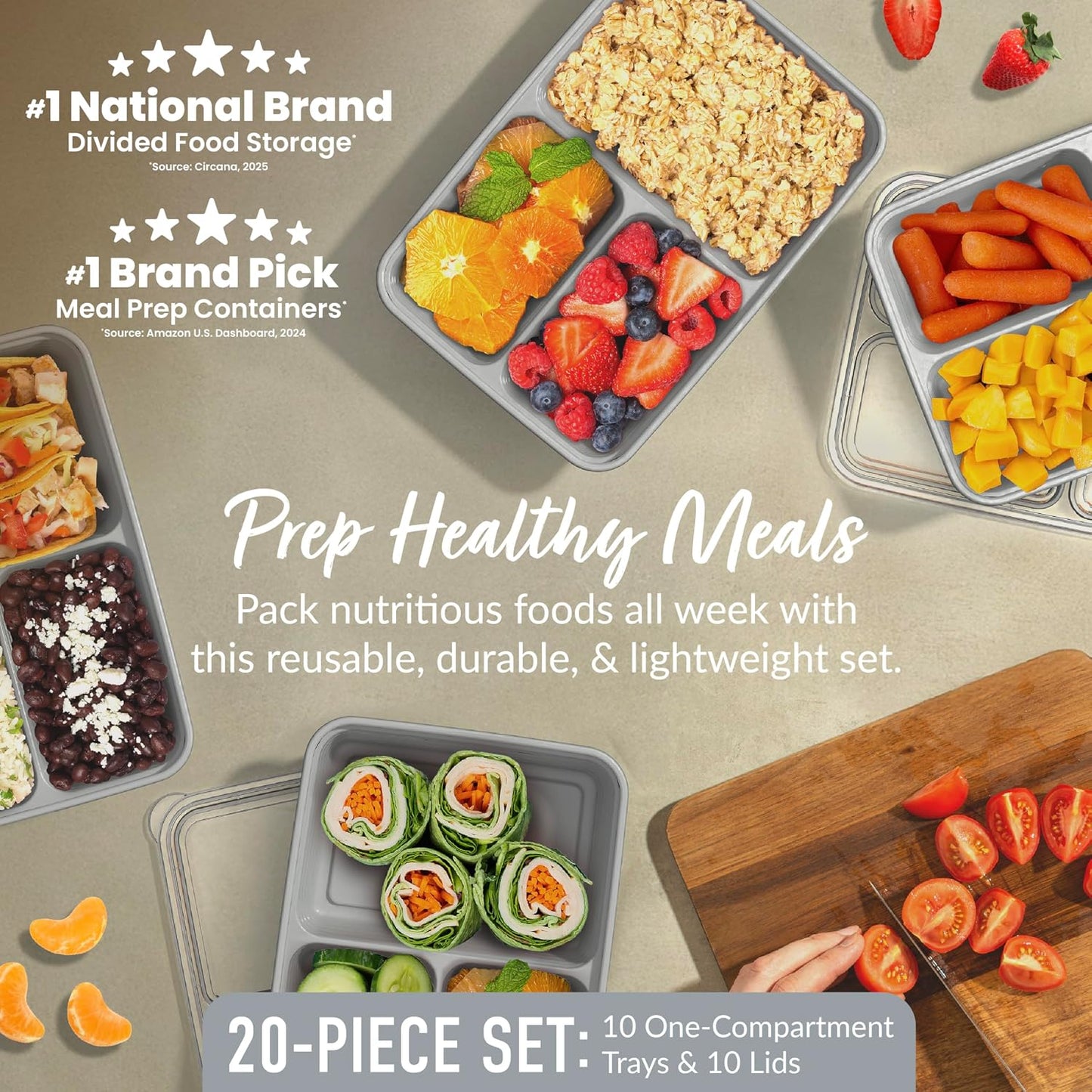 Bentgo Prep 3-Compartment Meal Prep Containers with Lids, 20 Piece Set | 4-Cup Capacity, Portion Control, Stackable, Microwave, Freezer & Dishwasher-Safe, PFAS & BPA-Free (Navy Blue)