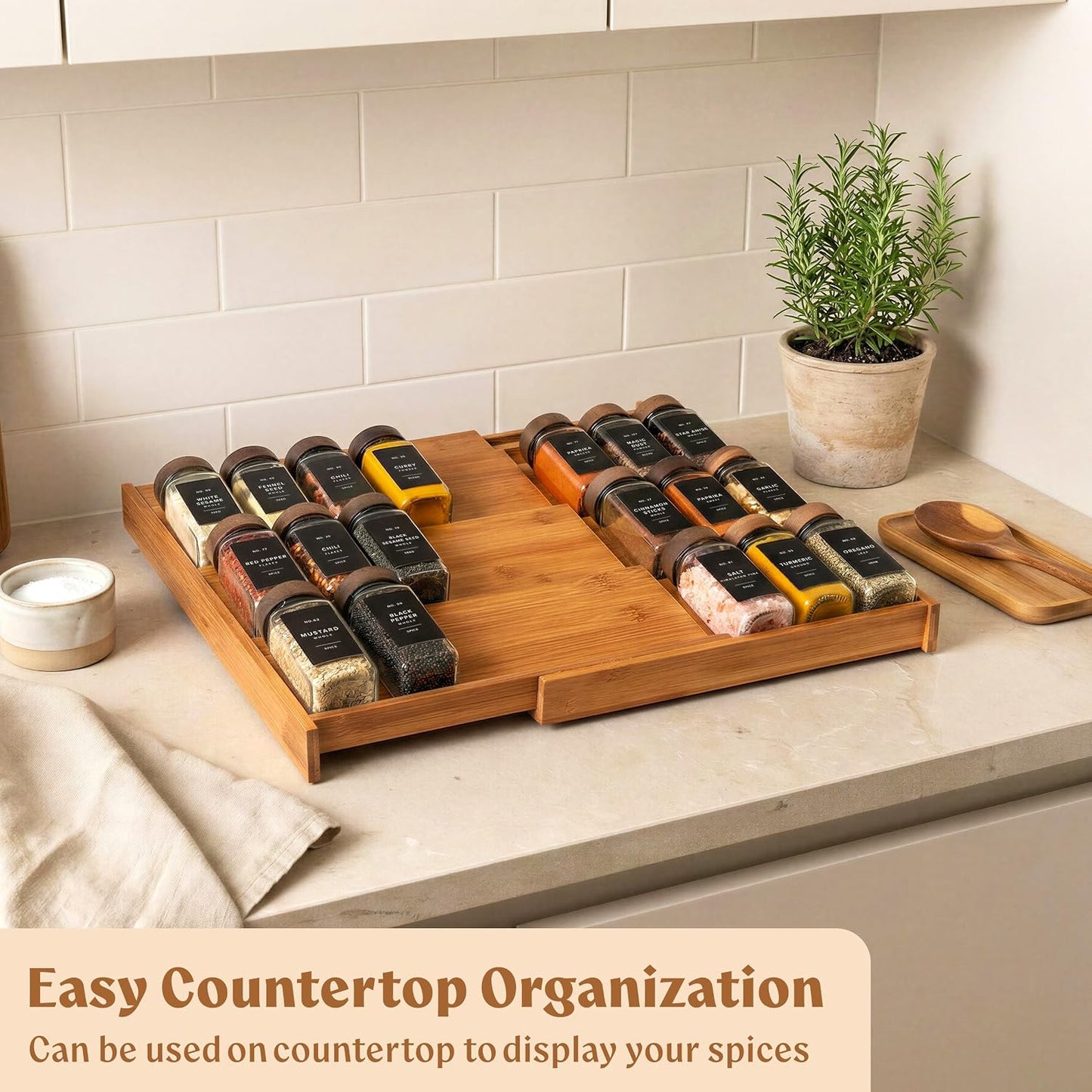 Bamboo Spice Drawer Organizer - Expandable 4 Tier Spice Rack (Need 3" Deep Drawer) 12" to 24" Wide, Seasoning Organizer, Organization Seasoning Rack insert (Jars Not Included)