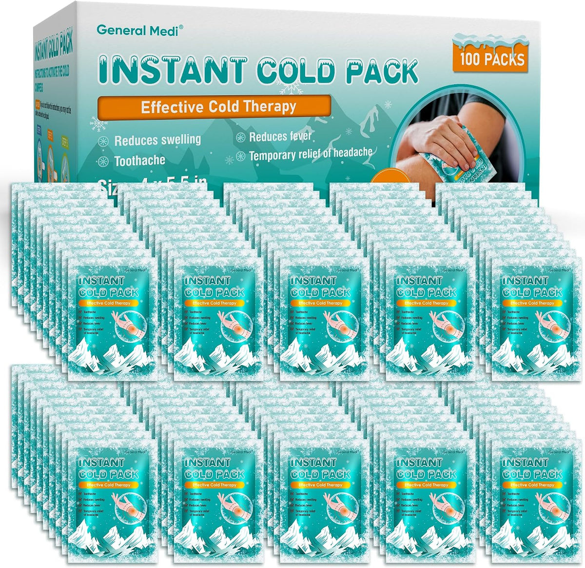 General Medi Instant Ice Cold Pack (4”x 5.5”) – 25 Packs Disposable Cold Therapy Ice Packs for Pain Relief, Swelling, Inflammation, Sprains, Toothache – for Athletes & Outdoor Activities