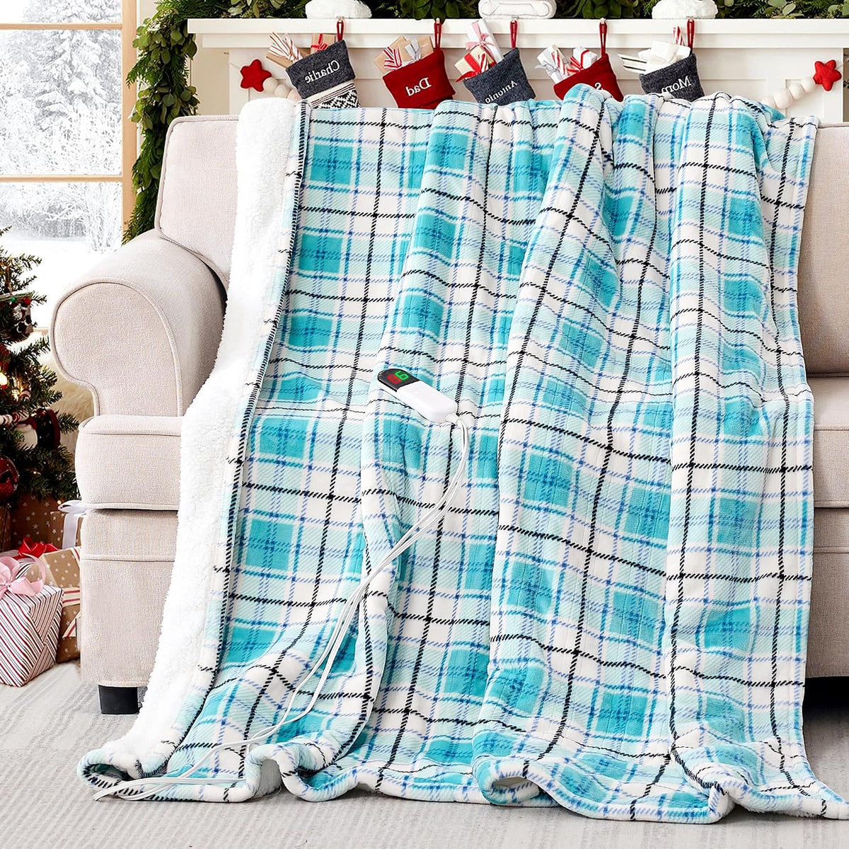 Heated Electric Blanket, Red Christmas Sherpa Plaid Throw Blanket