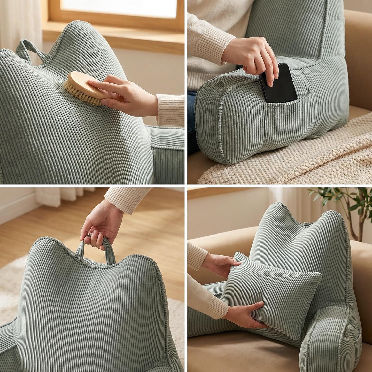 Patented Design Reading Pillow with Arms for Sitting Up, 2-in-1 Bed Rest Pillow with Detachable Lumbar Support, Backrest Support Cushion for Couch with Side Pockets & Handle, Beige Gray