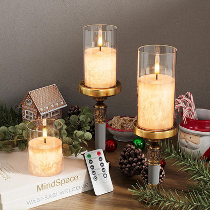 Battery Operated Flameless Candles with Remote & Timer, Gold Glass 3Pack | Real Wax Crystal Texture, D3×H4/5/6", 2/4/6/8H Timer, Dimming, Flickering Realistic LED Candles for Wedding Table Decor