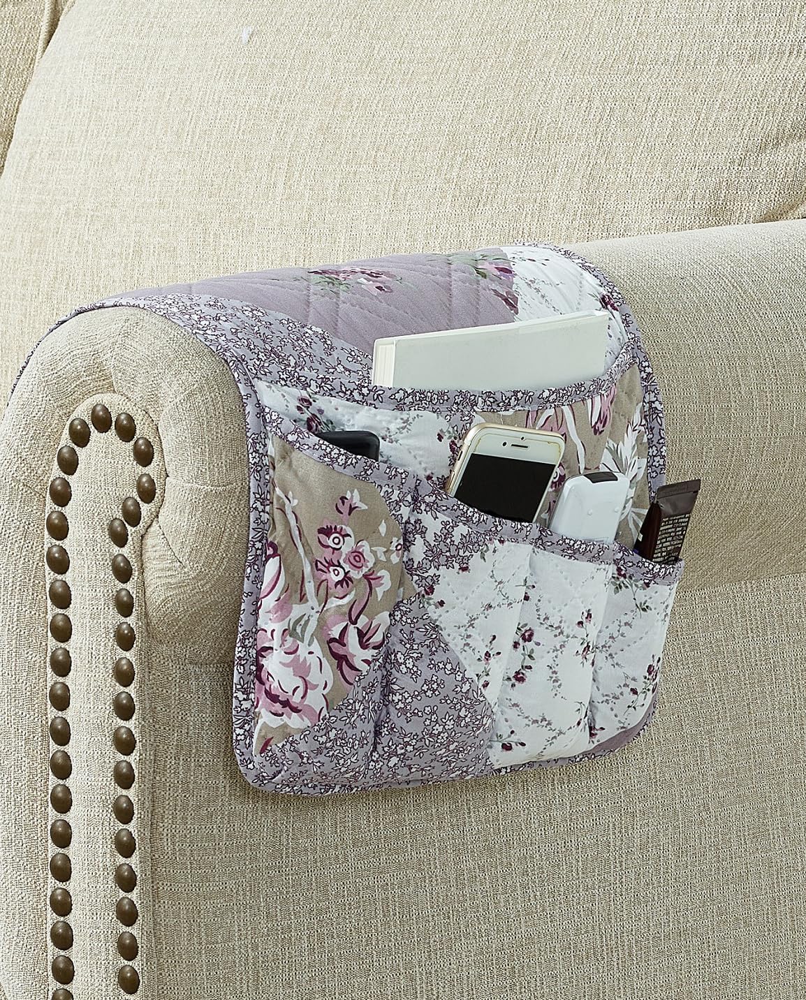 Brilliant Sunshine Burgundy Toile Floral Couch Armrest Cover, 35"×13" | Washable Magazine Holder, Armrest Organizer & Caddy on Sofa, Recliner, Armchair, Storage for Remote Controls, Phone, iPad