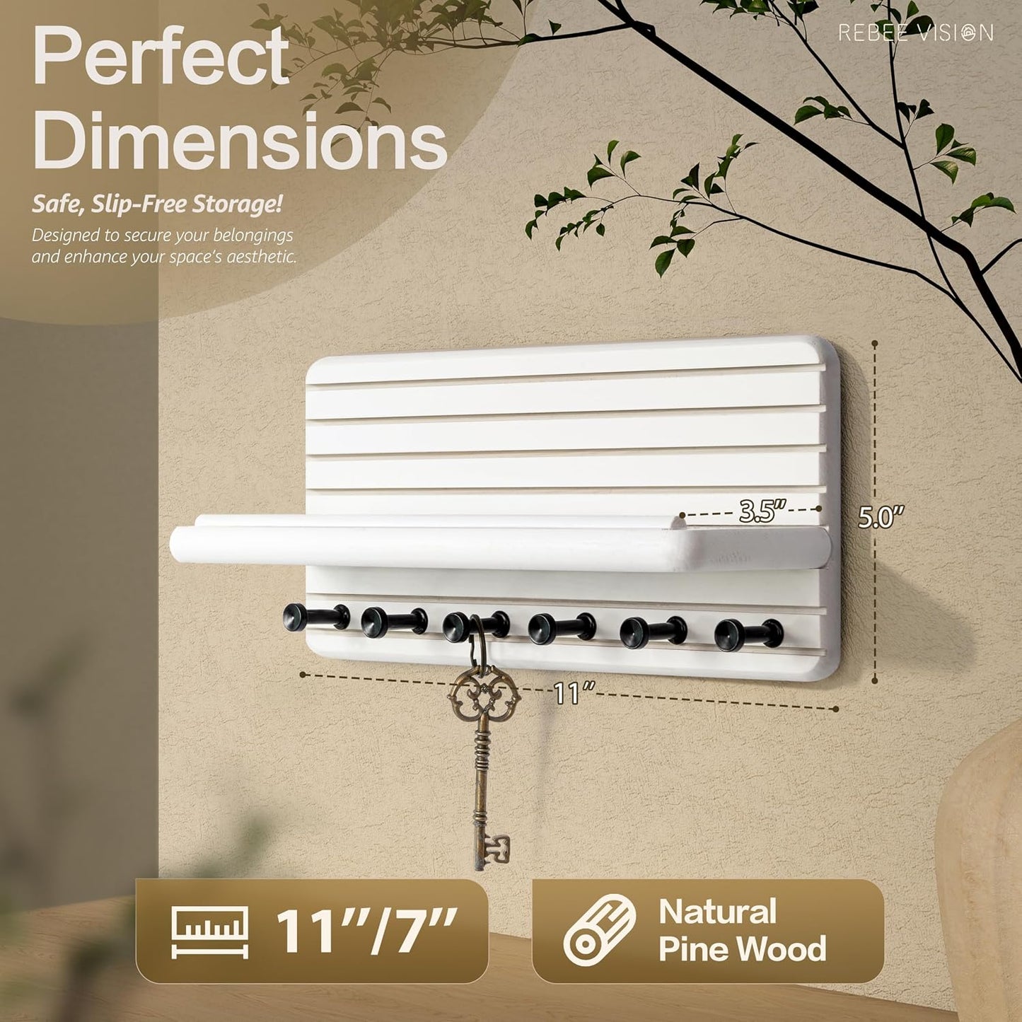 Rebee Vision Pine Wood Key Holder Wall Mount with Shelf for Entryway, Brown | 6 Key Hooks, Round Corner, Smooth&Hand-Friendly, Clear Wood Texture, Space-Saving Design, Organize Mail & Letter