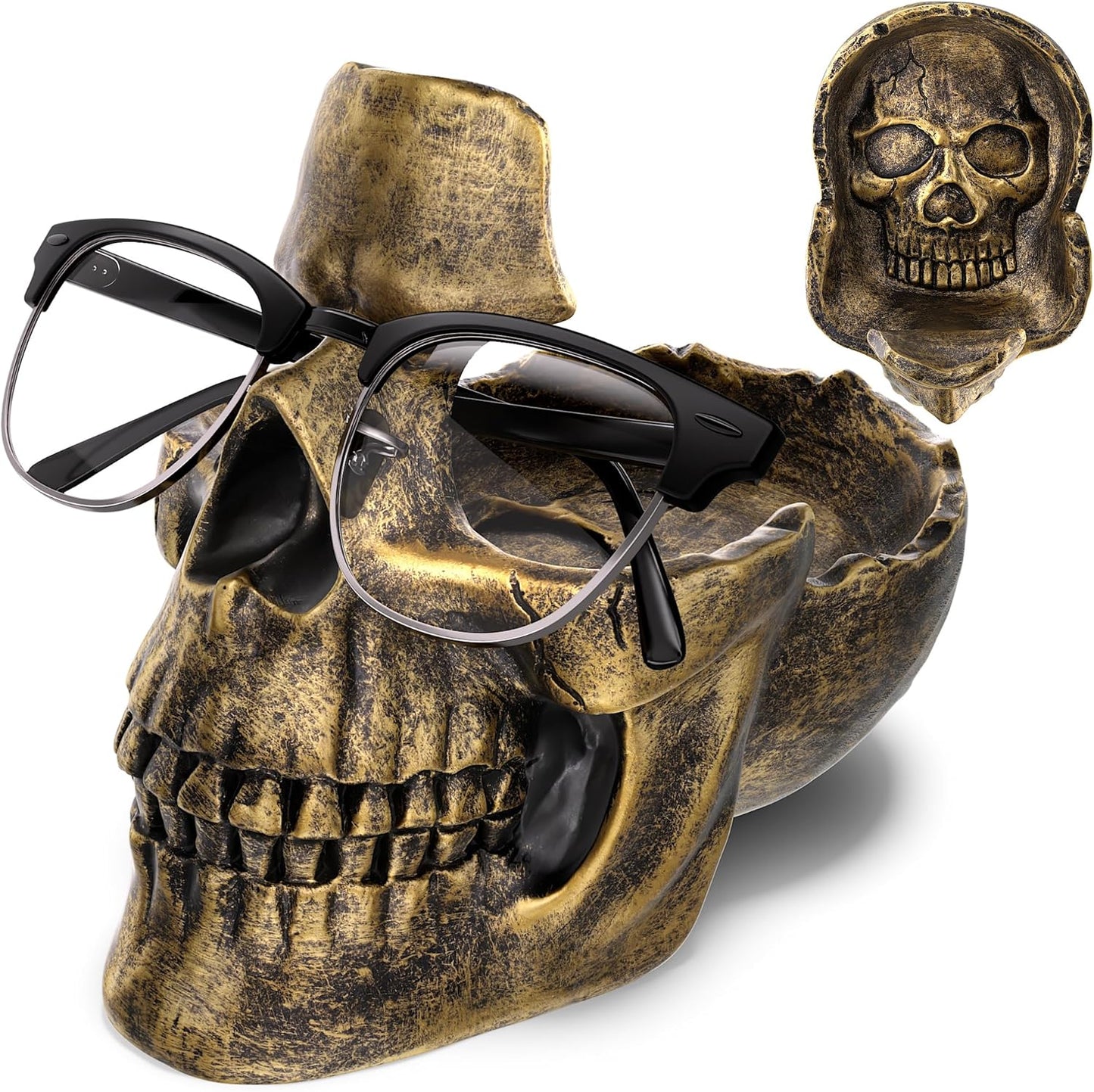 READAEER Skull Glasses Stand Holder, Creative Eyeglasses Holder, Sunglasses Spectacle Display Rack, Key Holder Resin Sculptures for Entryway, Home, Office, Desk, Nightstand (White)