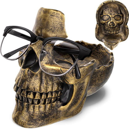 READAEER Skull Glasses Stand Holder, Creative Eyeglasses Holder, Sunglasses Spectacle Display Rack, Key Holder Resin Sculptures for Entryway, Home, Office, Desk, Nightstand (White)
