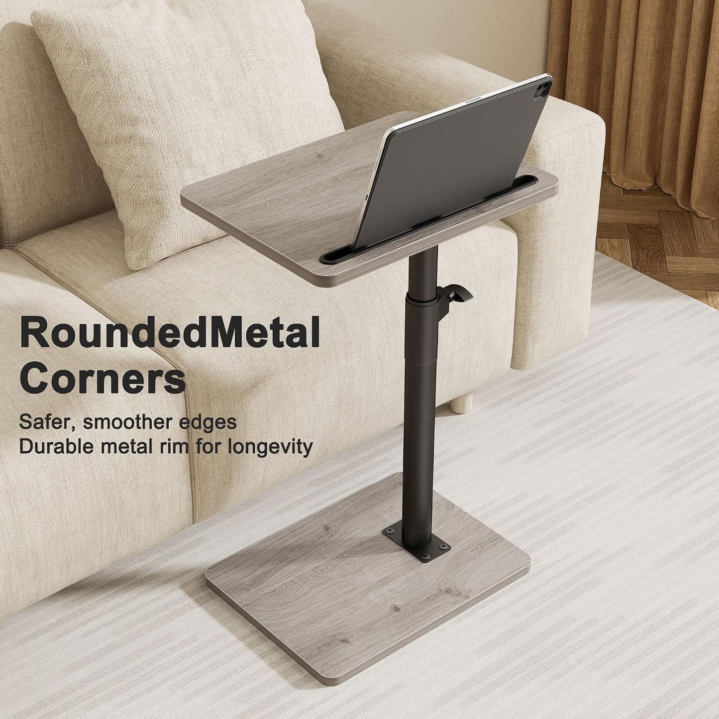 YUHFERA Sofa Armrest Tray Table for Couch - 360° Swivel Height Adjustable End for Small Spaces, Snack Side Table for Bed or Chair with Phone & Tablet Slot (Rustic,Standard)
