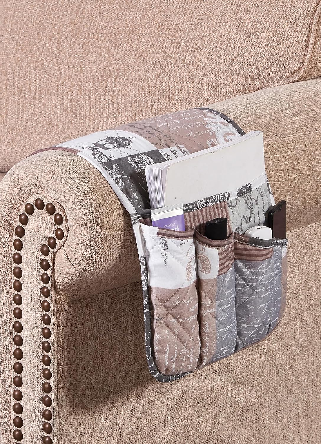 Brilliant Sunshine Burgundy Toile Floral Couch Armrest Cover, 35"×13" | Washable Magazine Holder, Armrest Organizer & Caddy on Sofa, Recliner, Armchair, Storage for Remote Controls, Phone, iPad