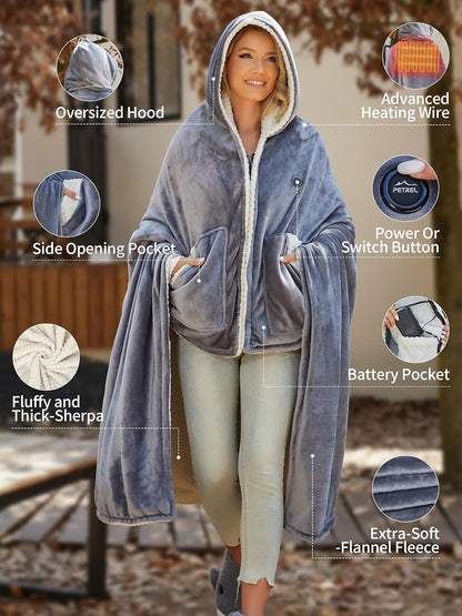 PETREL Wearable Heated Shawl Poncho Blanket,3 Heat Sets | Cordless Heated Throw Blanket,Battery Operated, Sherpa Lining Portable Electric Wrap Hoodie for Car,Indoor,Camping,Picnic