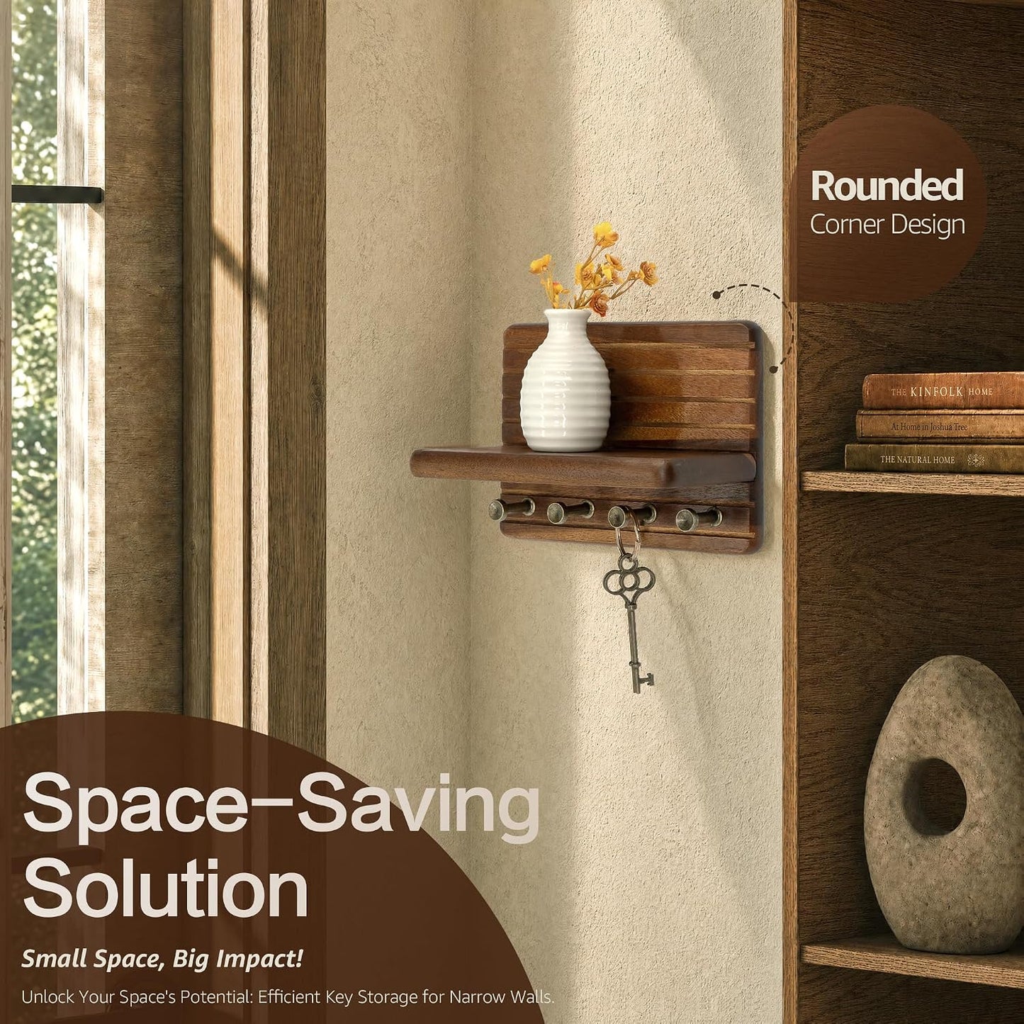 Rebee Vision Pine Wood Key Holder Wall Mount with Shelf for Entryway, Brown | 6 Key Hooks, Round Corner, Smooth&Hand-Friendly, Clear Wood Texture, Space-Saving Design, Organize Mail & Letter