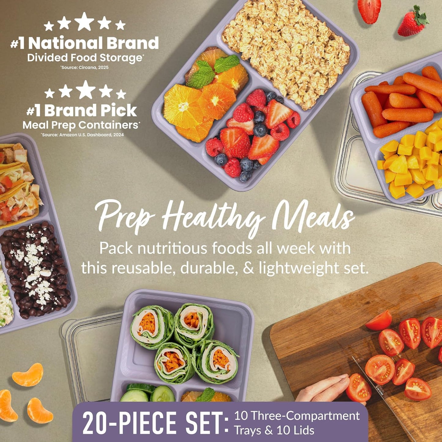 Bentgo Prep 3-Compartment Meal Prep Containers with Lids, 20 Piece Set | 4-Cup Capacity, Portion Control, Stackable, Microwave, Freezer & Dishwasher-Safe, PFAS & BPA-Free (Navy Blue)