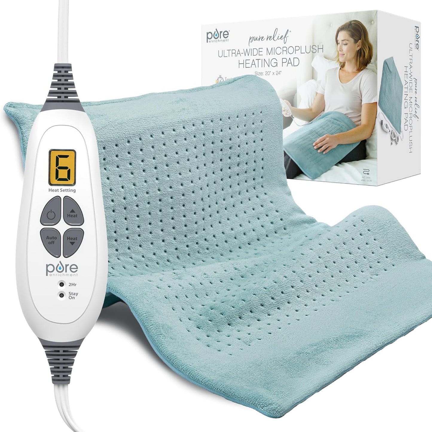 Pure Enrichment PureRelief Ultra-Wide Microplush Heating Pad - 20” x 24” XXL Size & 6 Heat Settings for Temporary Neck, Shoulder & Back Pain Relief - Moist Heat Option & Machine Washable (Gray)