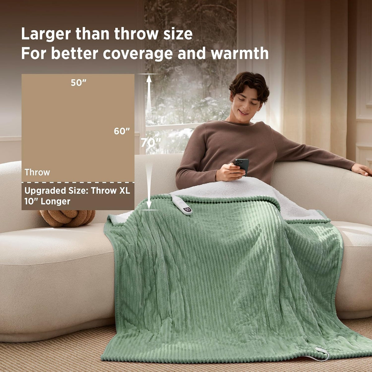 Bedsure GentleSoft Heated Blanket Throw - Soft Ribbed Flannel Electric Blanket, Gifts for Grandma (50x60 inches, Grey)