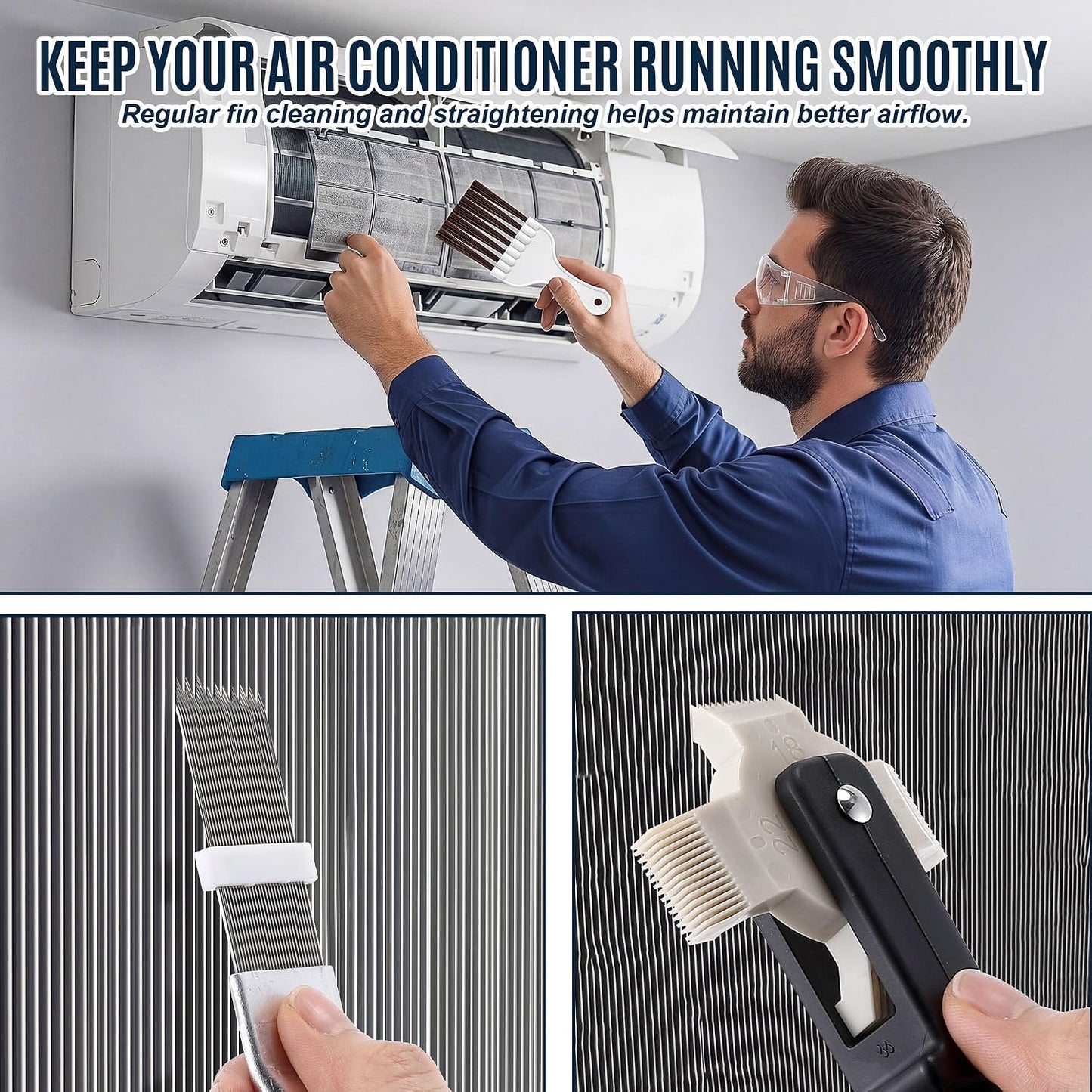 3 Piece Air Conditioner Condenser Fin Comb Kit, Fin Straightening Tool, Coil Cleaner Stainless Steel Comb and Evaporator Radiator Cleaning Whisk Brush for Condenser or Evaporator Units