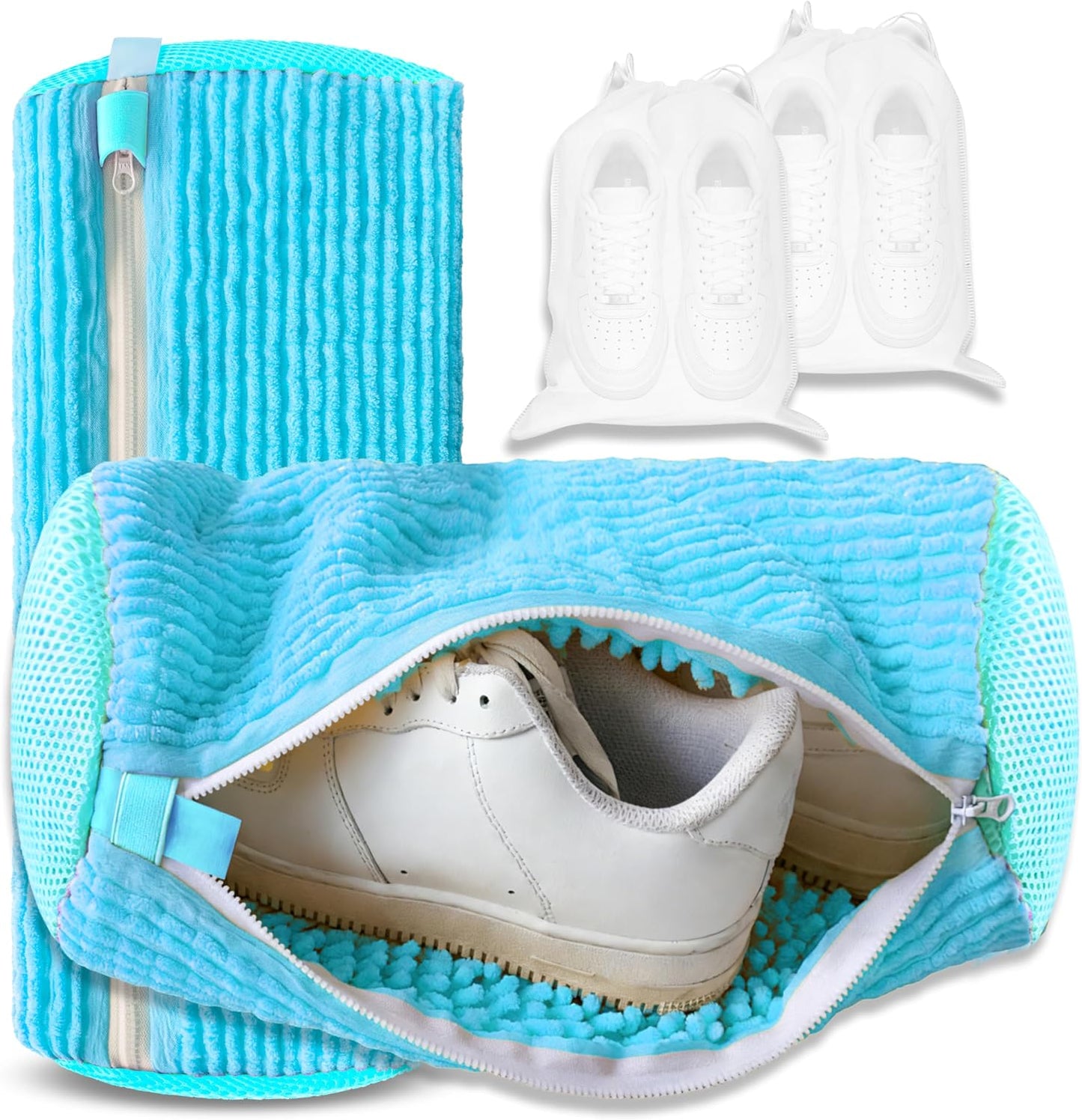Reusable Shoe Washing Bag, 2-Pack Chenille Laundry Bag for Washer & Dryer. | Soft chenille fibers help deep clean sneakers while the hidden zipper keeps shoes secure and helps protect your washer.
