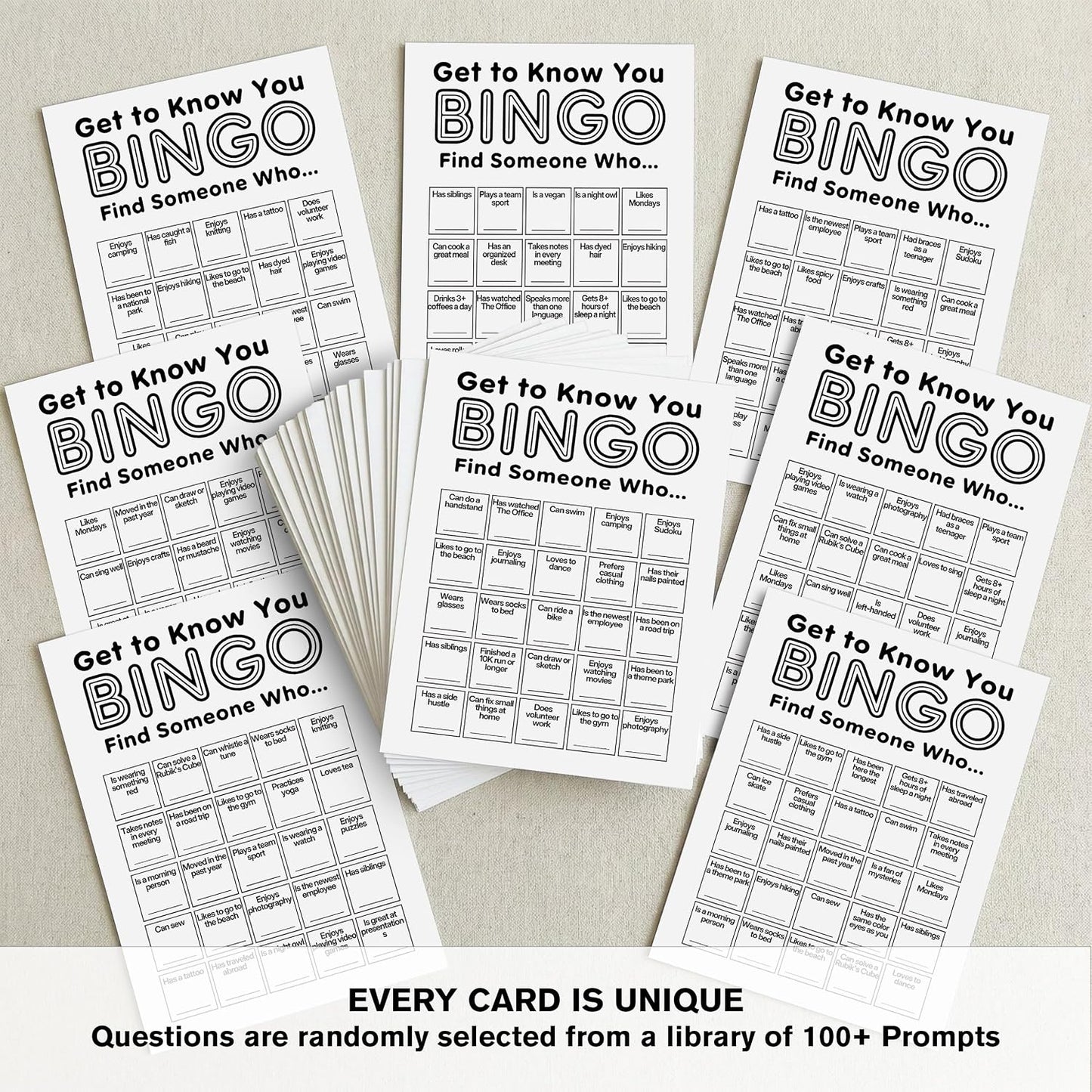 Find Someone Who Bingo Cards, 25 Unique Randomized 5x7 Sheets, Get to Know You Bingo Game for Adults, Ice Breaker Office Party Games, Team Building Games for Work, High Replay Value - A05