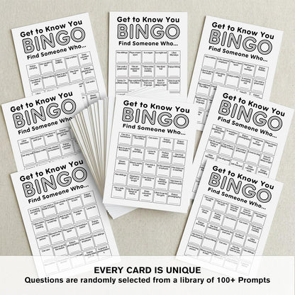 Find Someone Who Bingo Cards, 25 Unique Randomized 5x7 Sheets, Get to Know You Bingo Game for Adults, Ice Breaker Office Party Games, Team Building Games for Work, High Replay Value - A05