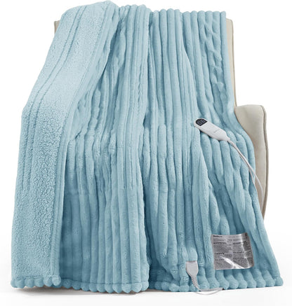 Bedsure Heated Blanket Electric Throw - Thick Striped Fast Heating Electric Blanket with Preheat Function, 6 Heat & 6 Timer (Up to 10H), 8H Auto Off, ETL Certified, Gifts for Women (50"x60", White)