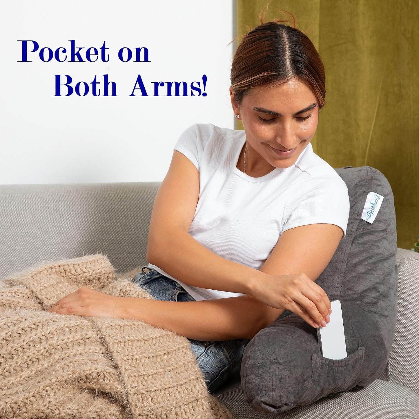 Reading Pillow for Bed with Arms Pockets for Adults, Large Grey | Bed Pillow for Sitting Up for Nursing, Breast Feeding, Bedrest or Relief from GERD or Heartburn; Removable, Washable Cover