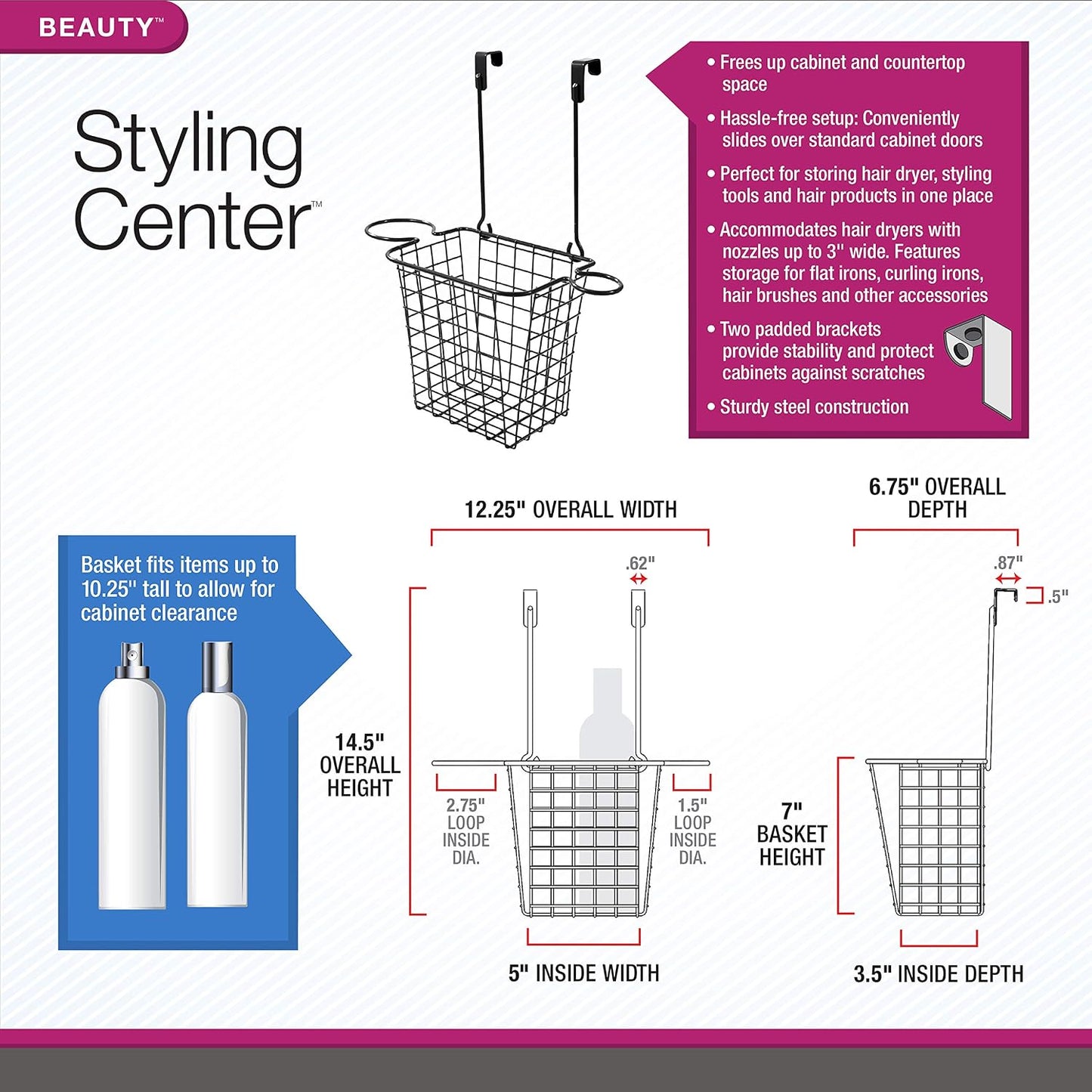 Spectrum Grid Over the Cabinet Styling Station (Satin Nickel) - Tall Bathroom & Under Sink Organizer for Hair Dryer, Beauty Tools, Accessories, & Home Essentials