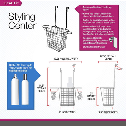 Spectrum Grid Over the Cabinet Styling Station (Satin Nickel) - Tall Bathroom & Under Sink Organizer for Hair Dryer, Beauty Tools, Accessories, & Home Essentials
