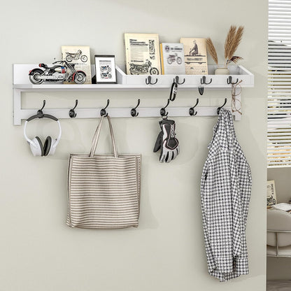 AMBIRD Wall Hooks with Shelf, 26.57 Inch Entryway Wood Coat Hooks for Wall with Shelf, Coat Rack Wall Mount with 5 Dual Hooks 3 Key Hooks Mail Organizer and Key Rack Holder (Brown)