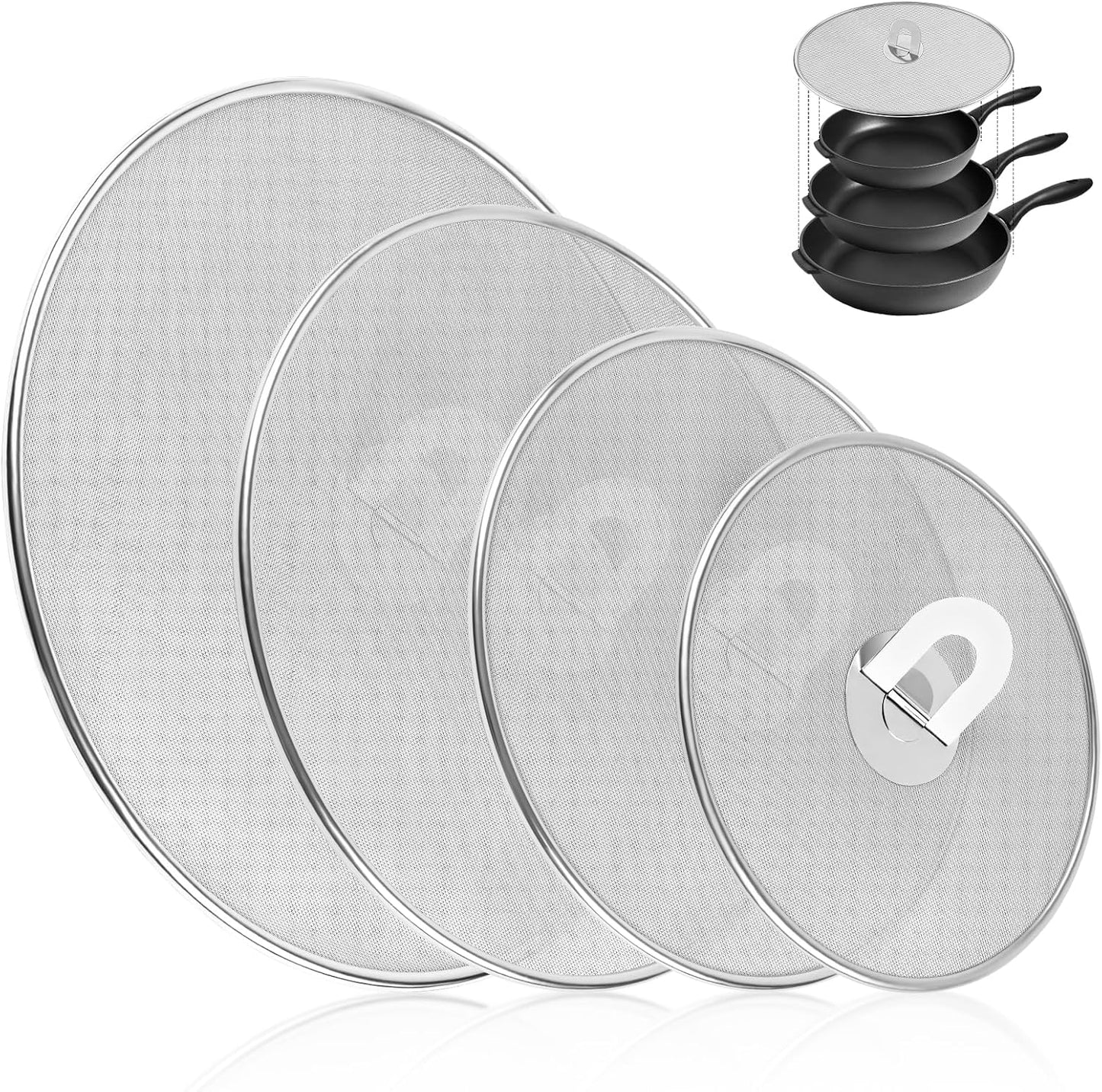 4 Pack Splatter Screens for Frying Pan - 8", 10", 11.5", 13" Stainless Steel Grease Splatter Guard with Foldable Knob, Ultra-Fine Mesh, Rust-Free - No Oil Mess, No Burns, Ultra Fine Mesh