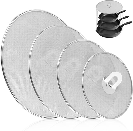 4 Pack Splatter Screens for Frying Pan - 8", 10", 11.5", 13" Stainless Steel Grease Splatter Guard with Foldable Knob, Ultra-Fine Mesh, Rust-Free - No Oil Mess, No Burns, Ultra Fine Mesh