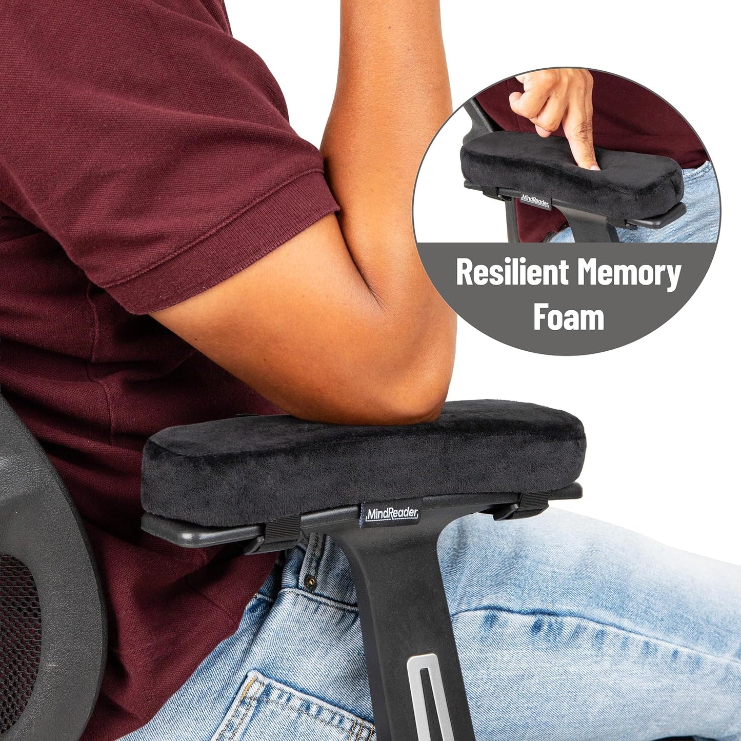 Mind Reader Air-Cloud Memory Foam Armrest Pads, Office & Gaming Chair Arm Rests, Elbow Support with Washable Cover, Black