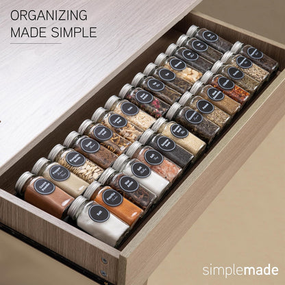 SIMPLEMADE-Spice Drawer Organizer, Spice Rack Drawer for Kitchen, 4 Tier Black Drawer Spice Organizer with 28 Jars and labels with a pen, Silicone Funnel, 13" by 17.5"