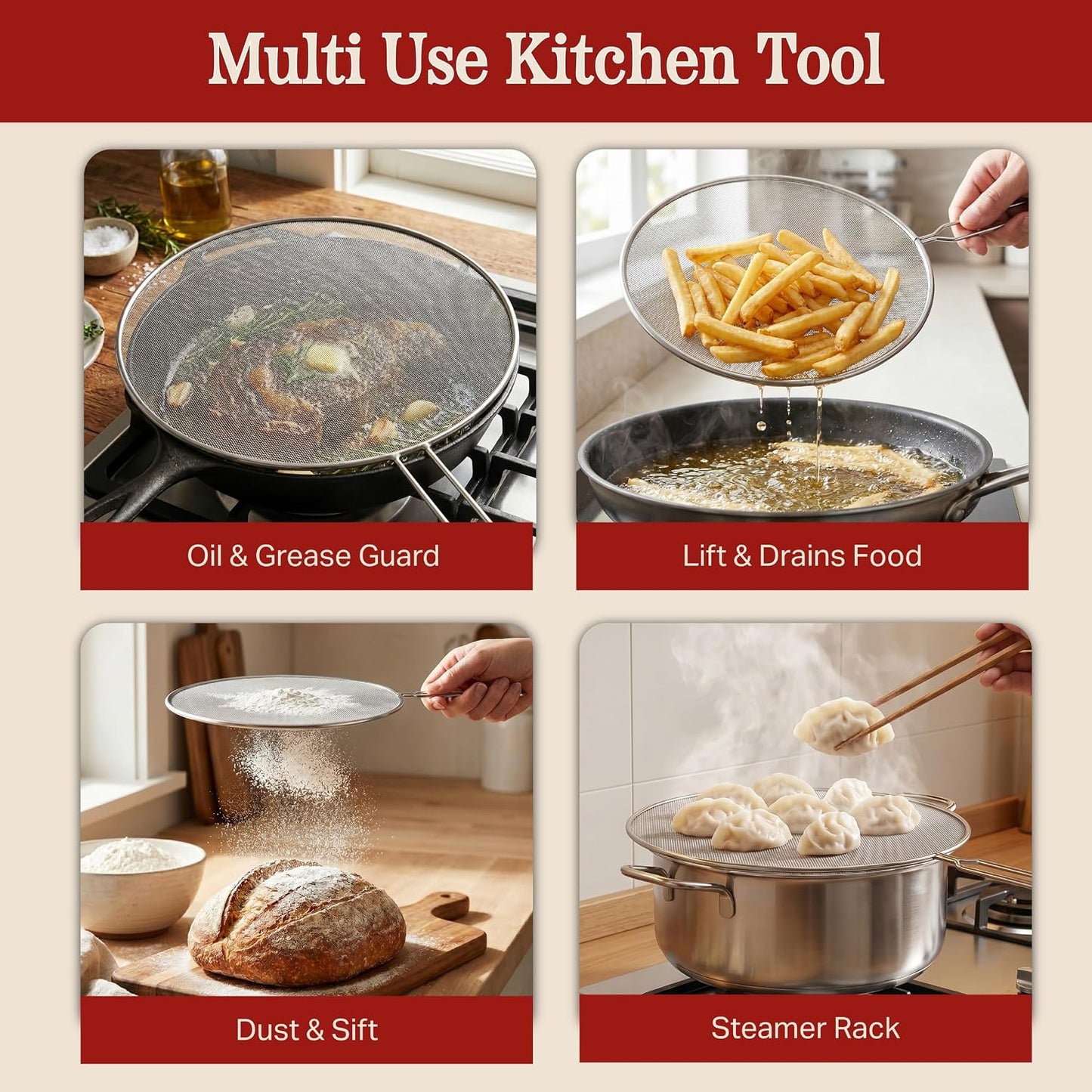 Classic Cuisine Splatter Screen Set, Silver, 3-Piece-Set, 17.25”/16”/15.25” | Fine Mesh Stainless-Steel Grease Splatter Guard for Pots, Pans, and Skillets, Kitchen Gadgets