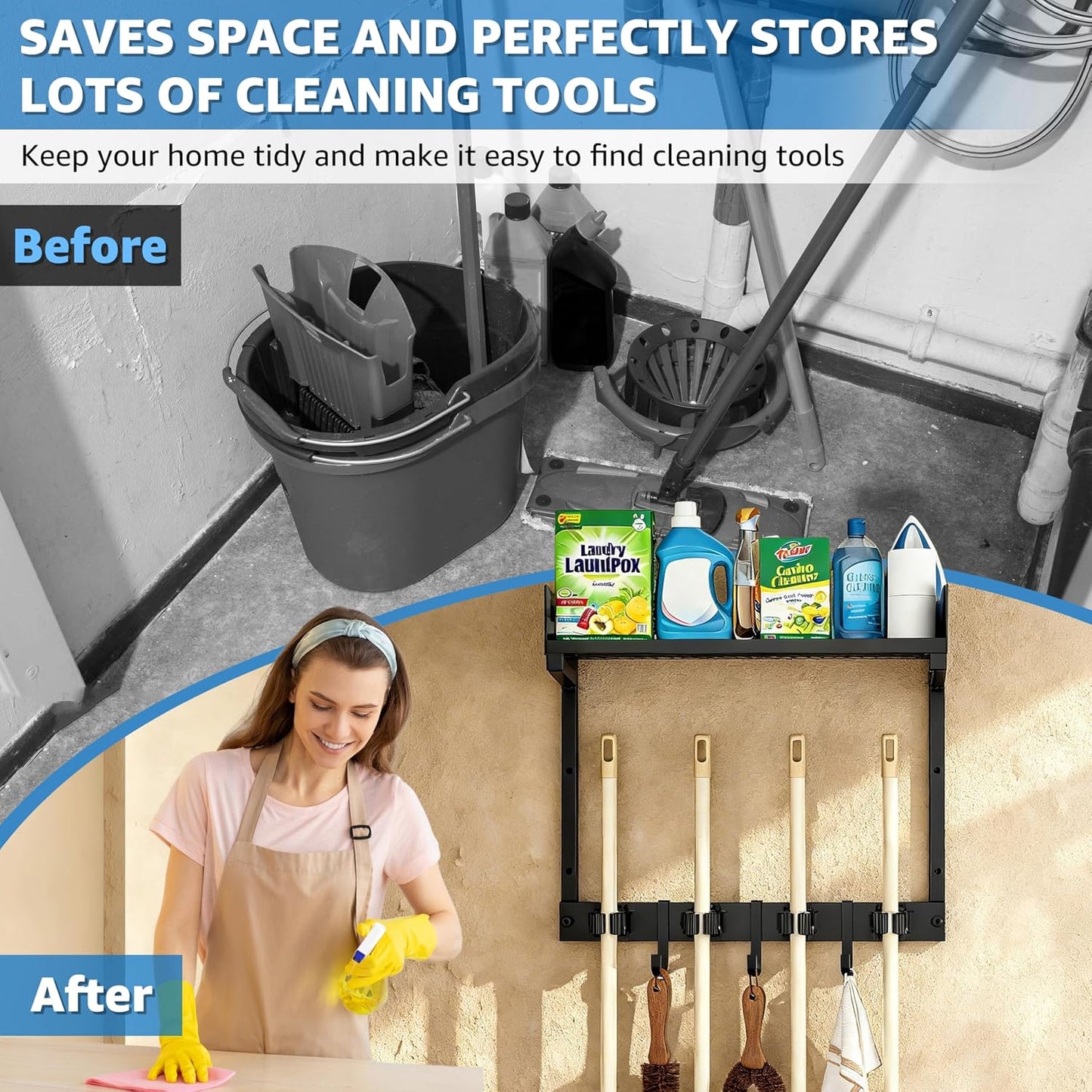 27" Mop and Broom Holder Wall Mount with Top Storage Shelf & Hooks,Black | Mop Hanger Wall Mount, 5 Grippers, 5 Hooks, Wall Organizer For Laundry Room, Garage And Kitchen