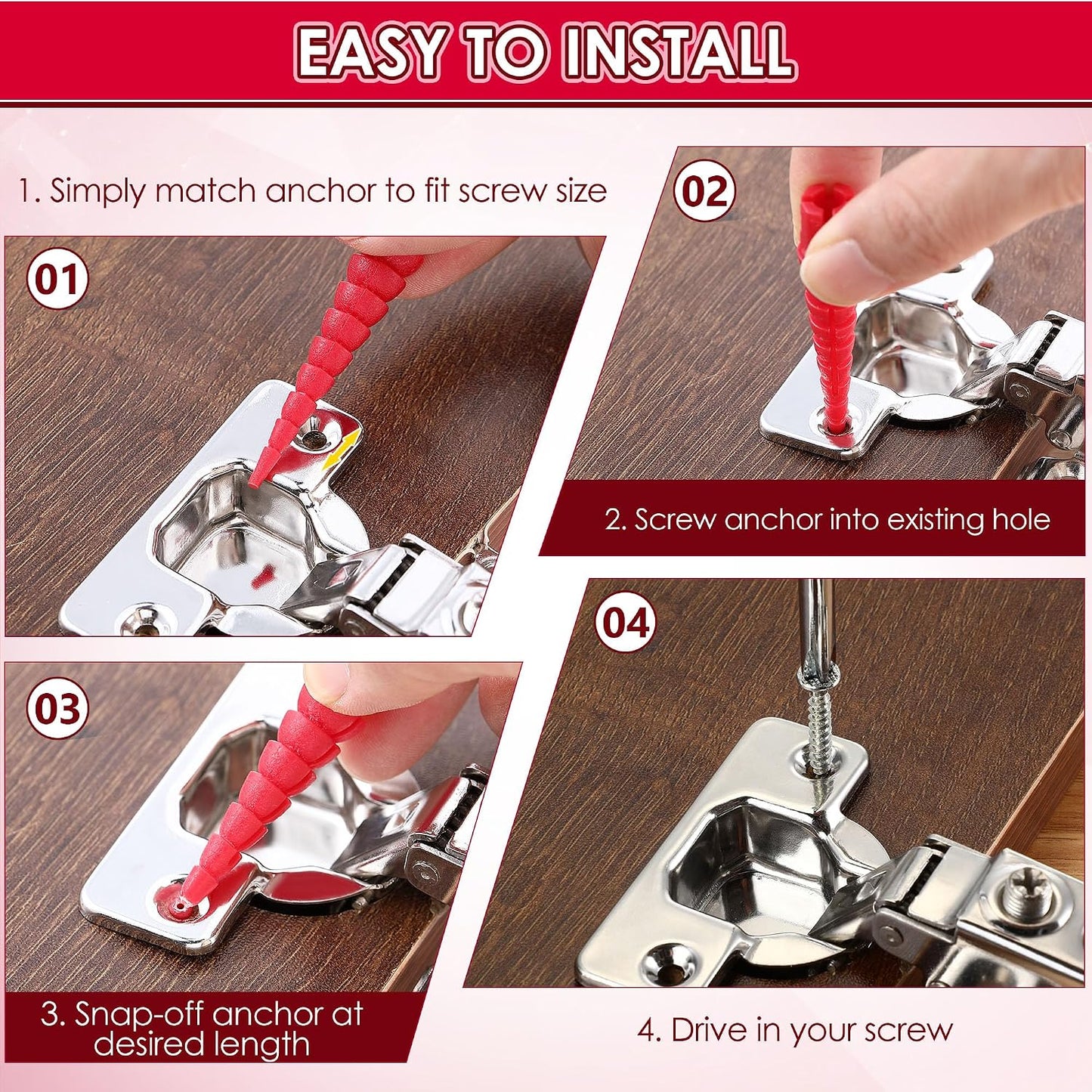 10 Pcs Wood Anchor, Fix Stripped Wood Screw Holes, Red | Fits Screws Sizes #2 to #16, Repairs Stripped Screw Holes, For Door Hinges, Cabinets and Furniture, Easy to Install
