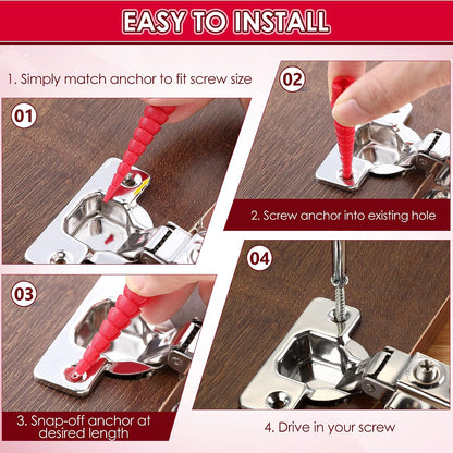 10 Pcs Wood Anchor, Fix Stripped Wood Screw Holes, Red | Fits Screws Sizes #2 to #16, Repairs Stripped Screw Holes, For Door Hinges, Cabinets and Furniture, Easy to Install