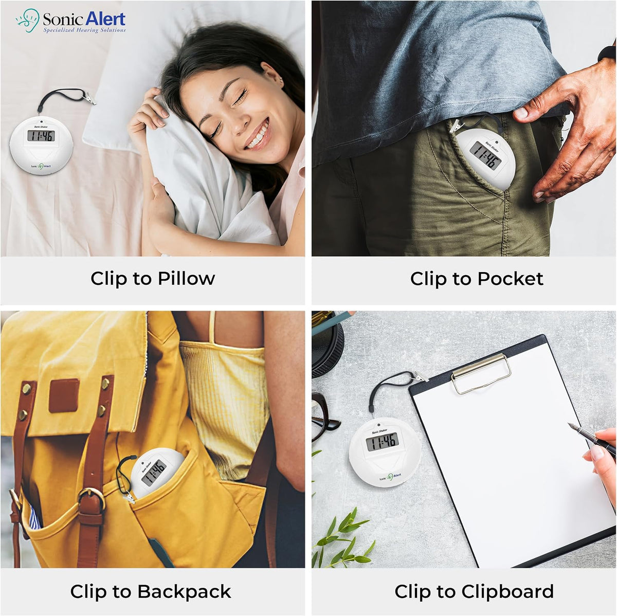 Sonic Alert Digital Alarm Clock - Travel Alarm Clock for Heavy Sleepers - Bed Shaker Alarm Clock - Vibrating Alarm Clock Under Pillow - Battery Operated – White